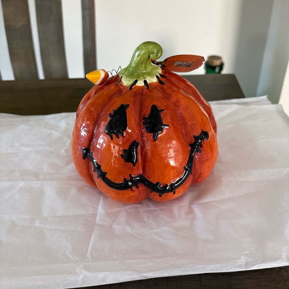 Blue Sky Clayworks Halloween 6”x 7” Table Top Stitched Pumpkin Ceramic Figurine